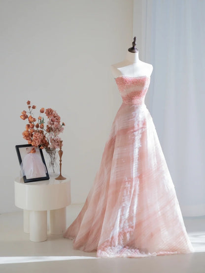 Robe de bal élégante sans bretelles en tulle rose ornée de cristaux et de perles, robe de soirée longue, tenue pour un 18e anniversaire, robe de remise de diplôme N233