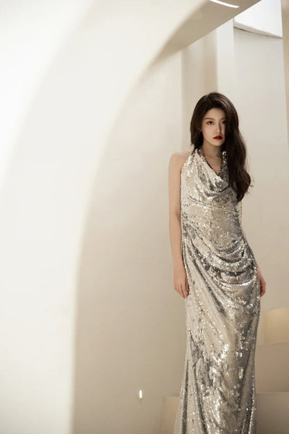 Robe de bal longue sirène à sequins argentés, dos nu, style sirène. Tenue idéale pour un 18e anniversaire. Robe de bal N231
