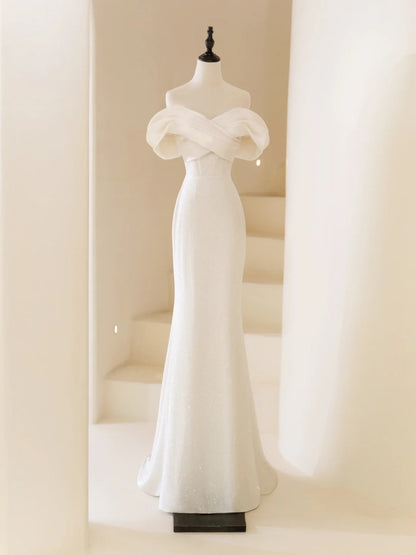 Robe de mariée sirène classique en satin blanc à épaules dénudées et manches courtes, robe de mariée longue N234