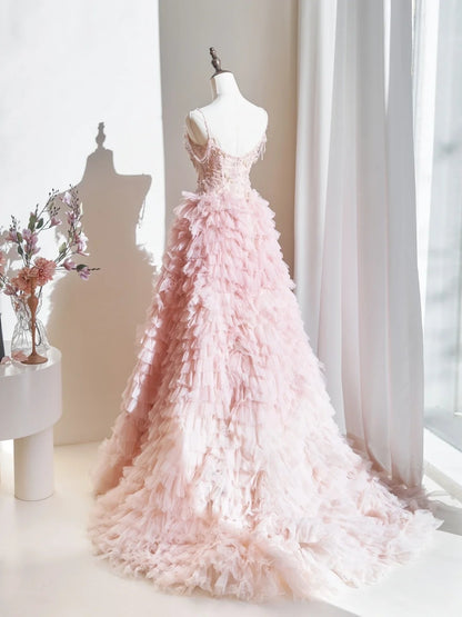 Robe de bal longue en tulle rose poudré à fines bretelles spaghetti, inspiration robe de soirée formelle N235