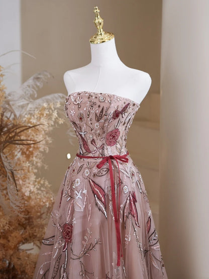 Robe de bal longue bustier en tulle et dentelle florale, idéale pour un 19e anniversaire (réf. N237)