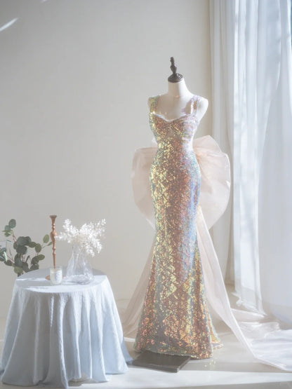 Sparkly Mermaid Square Neck Sequin Sleeveless Long Prom Dresses Prom Gowns Evening Dress A022