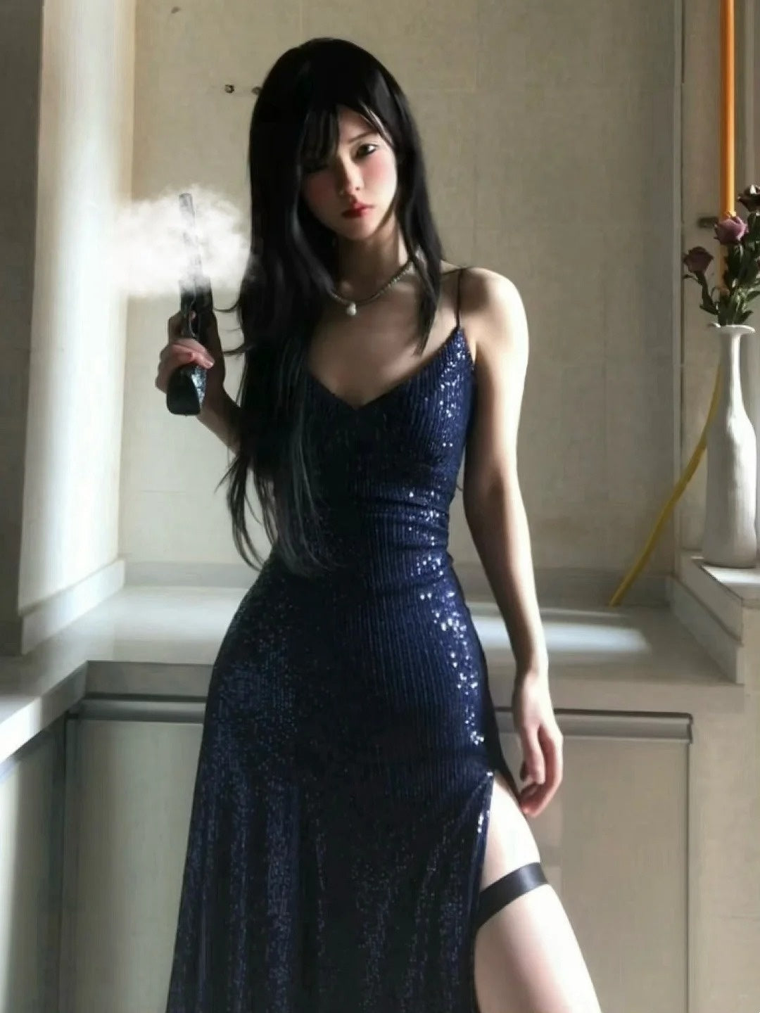 Sexy marineblaues, langes Meerjungfrauen-Abendkleid mit V-Ausschnitt, Schnürung und Schlitz, formelles Kleid AB1826