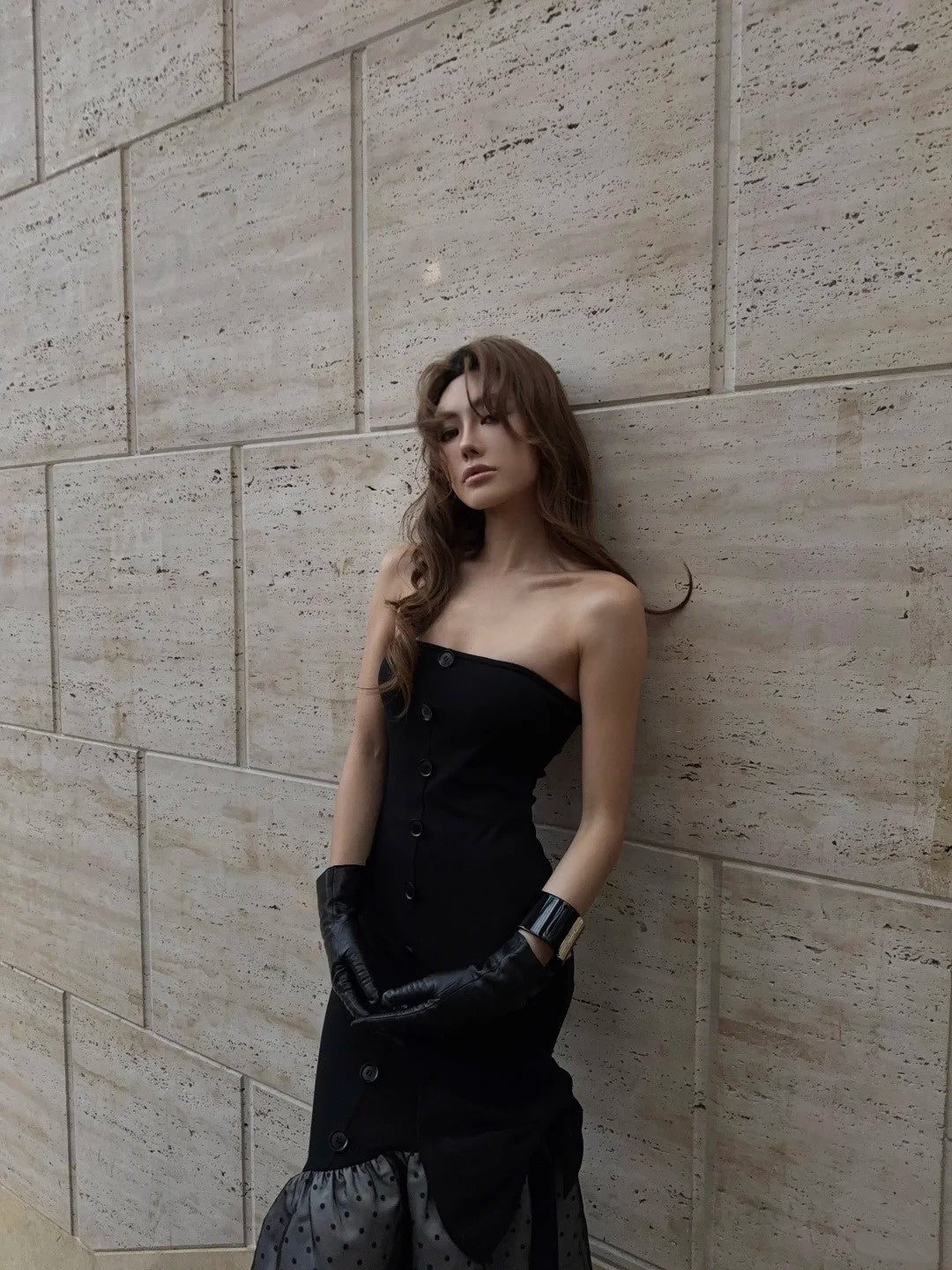Vintage Mermaid Strapless Black Polka Dots Wedding Guest Dress Satin Long Prom Dresses Semi Formal Gown N695