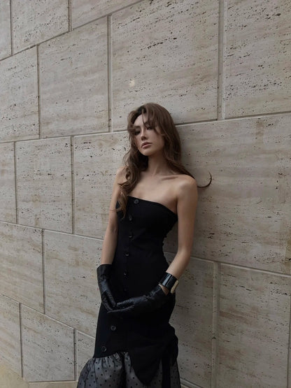 Vintage Mermaid Strapless Black Polka Dots Wedding Guest Dress Satin Long Prom Dresses Semi Formal Gown N695