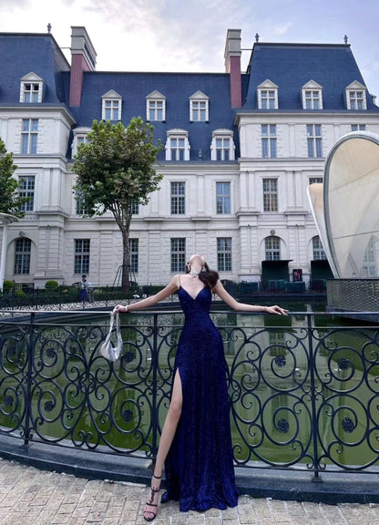 Sexy marineblaues, langes Meerjungfrauen-Abendkleid mit V-Ausschnitt, Schnürung und Schlitz AB640