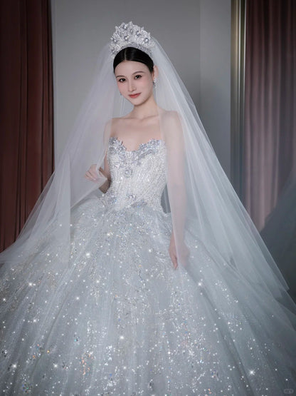 Modern Minimalist Ball Gown Sweetheart Sleeveless White Sequined Brides Gown Bridal Dress Wedding Dresses Style RB6563