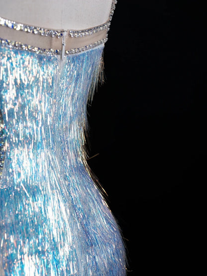 Robe de bal longue bleue à fines bretelles et paillettes, style sirène, inspiration pour un 18e anniversaire, robe de soirée N487
