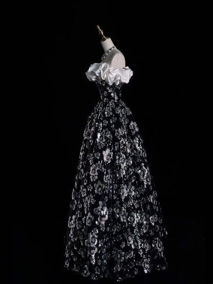 Robe de bal sobre à épaules dénudées, sequins floraux noirs, tenue de soirée pour jeunes filles (N1166), robe de bal longue pour adolescentes