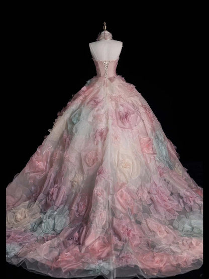 Robe de bal modeste sans bretelles en tulle rose à fleurs, inspiration robes de soirée, robe de princesse formelle N755
