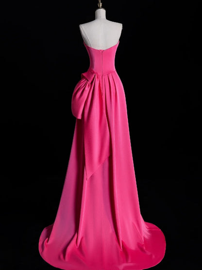 Einfaches, trägerloses, plissiertes, langes Meerjungfrauen-Abendkleid aus rosa Satin mit Satin-Details, Abendkleid N849