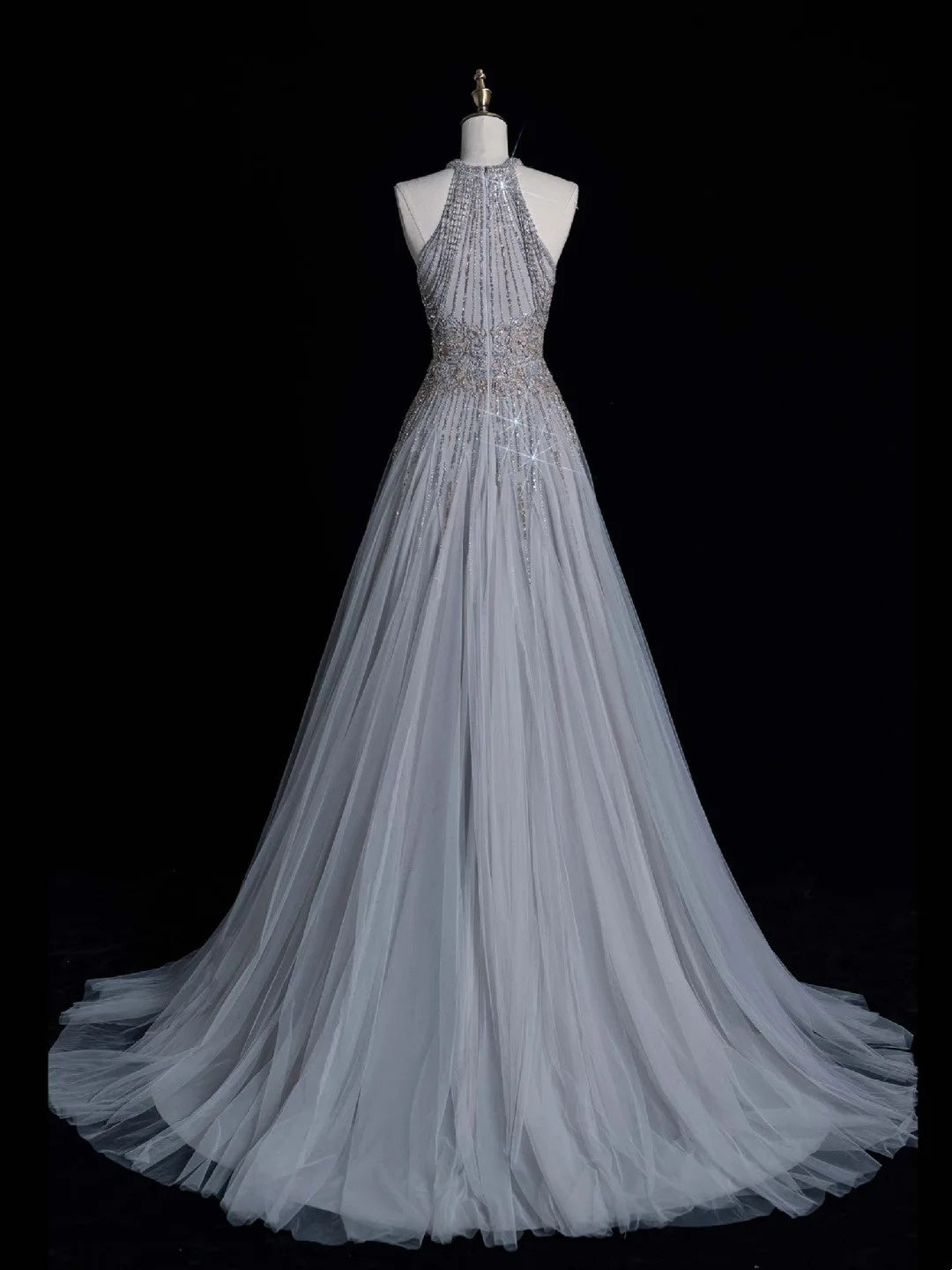 Robe de bal de fin d'année chic, coupe trapèze, dos nu, sequins gris argentés, robe longue de soirée pour lycéennes N1270
