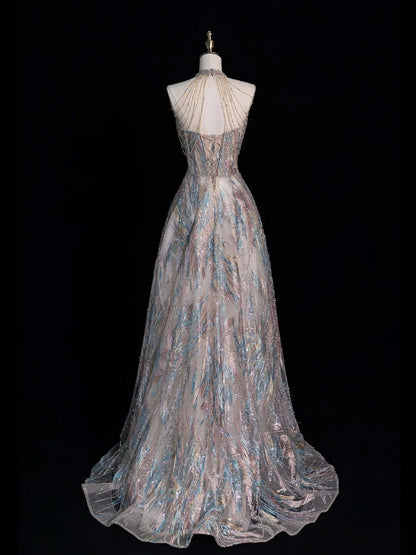 Funkelndes, langes, formelles Abendkleid mit A-Linien-Ausschnitt und Pailletten, langes Ballkleid N746