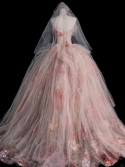 Robe de bal modeste sans bretelles en tulle rose à fleurs, inspiration robes de soirée, robe de princesse formelle N756