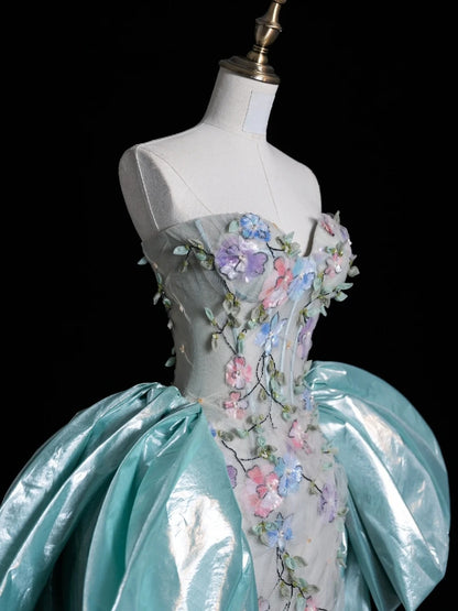 Schlichtes, ärmelloses, langes Tüllkleid mit Blumenmuster und Herzausschnitt in Mintgrün für Damen und Mädchen, Abendkleid N655