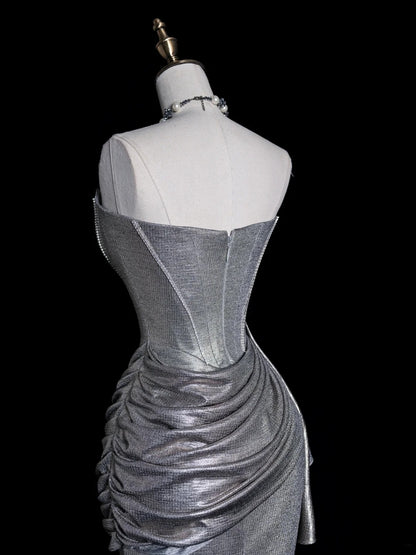 Robe de bal longue sirène sans bretelles, sequins gris argentés, corsage plissé, robe de soirée N611