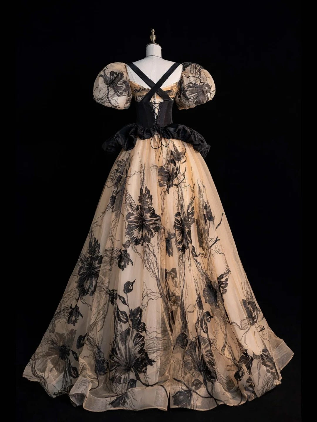 Robe de bal sobre à décolleté cœur et manches courtes bouffantes, noire à fleurs, longue robe de soirée pour femmes et jeunes filles N652