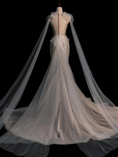Robe de mariée sirène à paillettes ivoire, col en V, coupe ajustée, modèle N1353