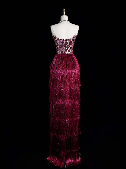 Robe de bal longue fourreau rose à sequins et pompons, sans bretelles, élégante et raffinée (N1073)