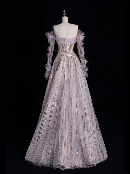 Robe de soirée longue de bal de style princesse, épaules dénudées, à sequins, référence N741