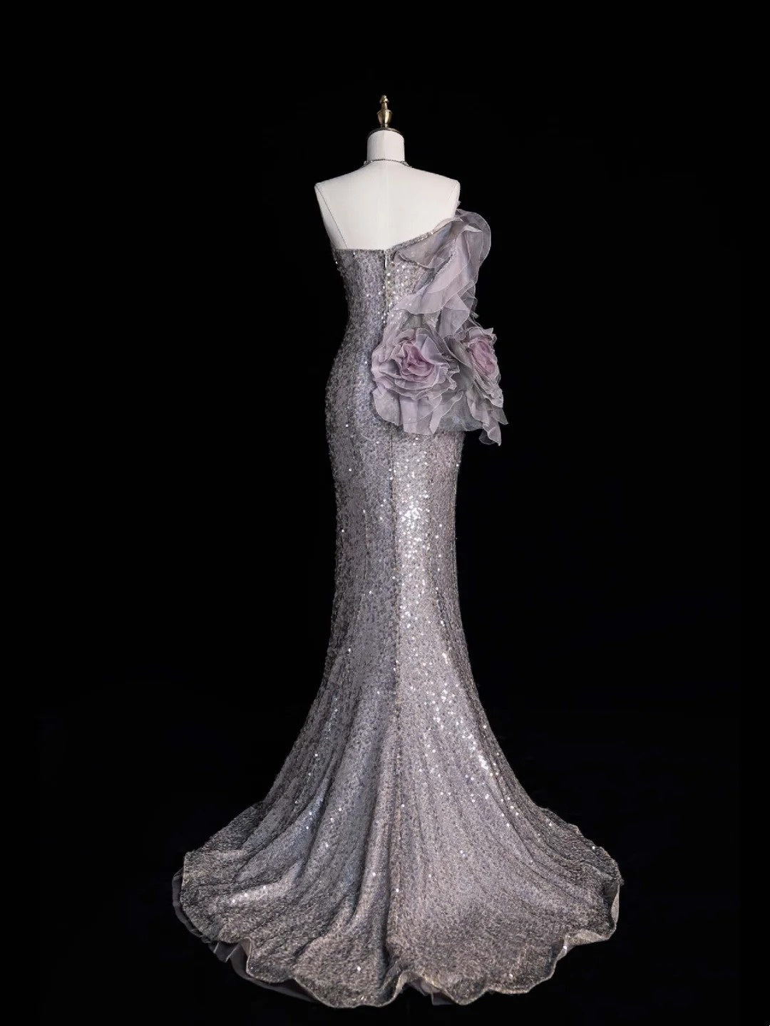 Robe de soirée longue de bal de princesse sirène grise à sequins et fente, décolleté cœur, N743