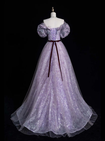 Robe de bal élégante à épaules dénudées, en tulle lilas à sequins, longue robe de soirée pour adolescentes, N1089