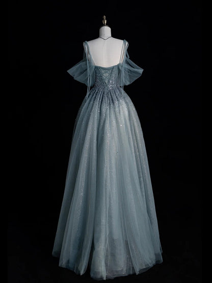 Elegant Ball Gown Off The Shoulder Dusty Grey Tulle Long Prom Dresses For Teens Evening Outfits Formal Dress N1090