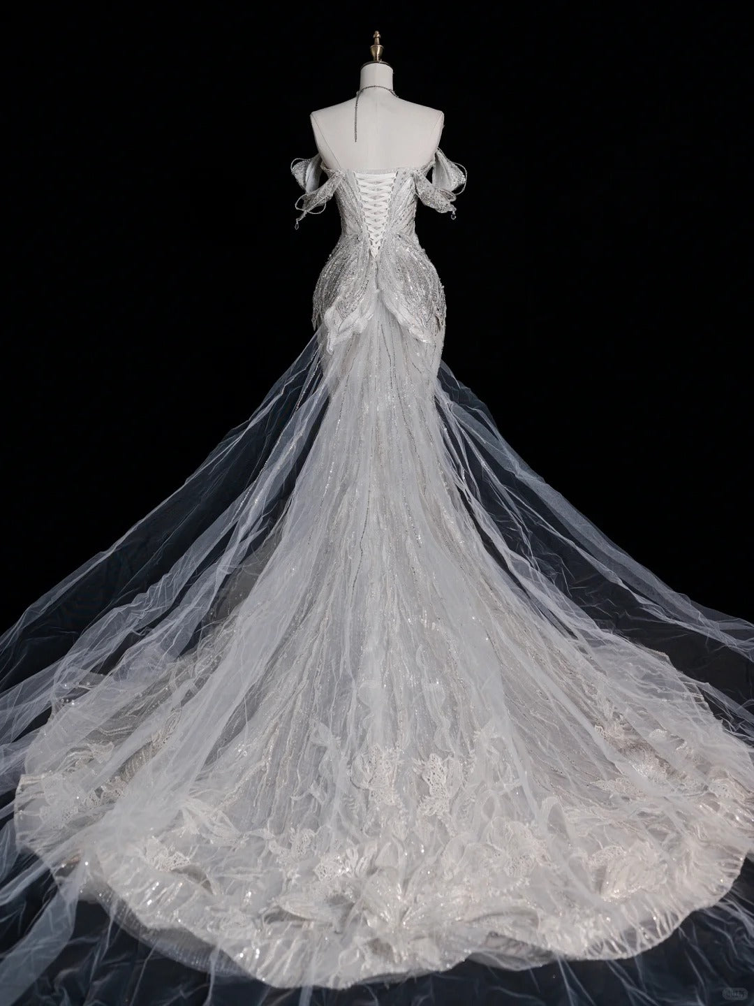 Sparkly Mermaid Off The Shoulder Gray Court Train Brides Gown Bridal Dress Style Long Wedding Dresses RB6557