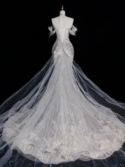 Sparkly Mermaid Off The Shoulder Gray Court Train Brides Gown Bridal Dress Style Long Wedding Dresses RB6557