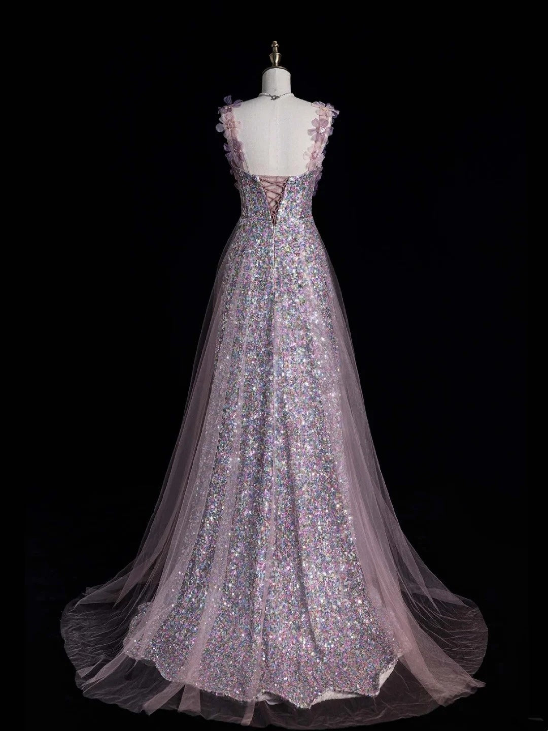 Robe de bal longue élégante à bretelles spaghetti et sequins roses, coupe trapèze, idéale pour les soirées formelles (Vestidos De Dia N766)