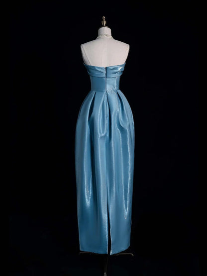 Wunderschönes, trägerloses, langes, formelles Abendkleid aus blauem Satin in A-Linie, ideal für Ball und Abiball (Modell N740)