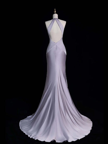 Robe de soirée longue de princesse sirène dos nu en satin lilas poudré N744