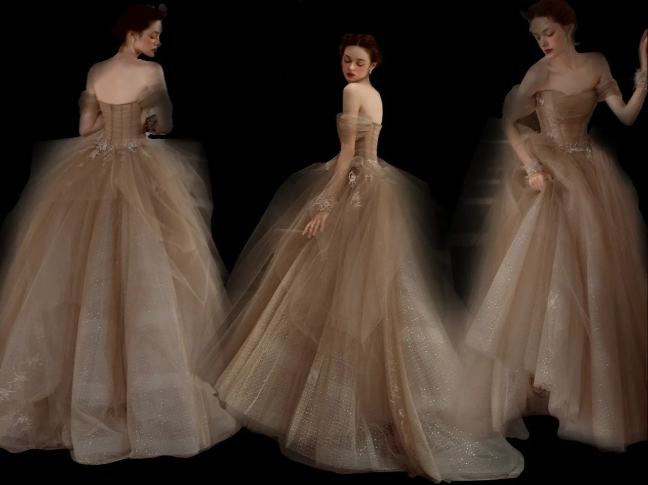 Elegant Ball Gown Off The Shoulder Champagne With Sleeves Tulle Inspiration Long Prom Dresses N1227
