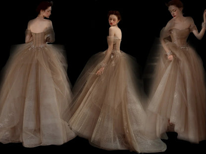 Elegant Ball Gown Off The Shoulder Champagne With Sleeves Tulle Inspiration Long Prom Dresses N1227