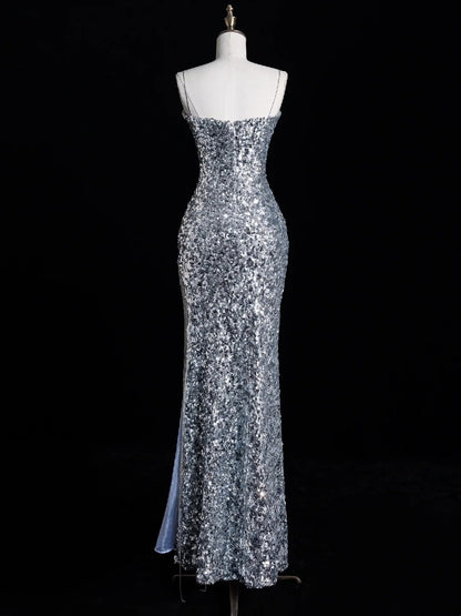 Robe de bal de fin d'année sirène chic à bretelles spaghetti et sequins gris argentés, robe longue de soirée pour lycéennes N1269