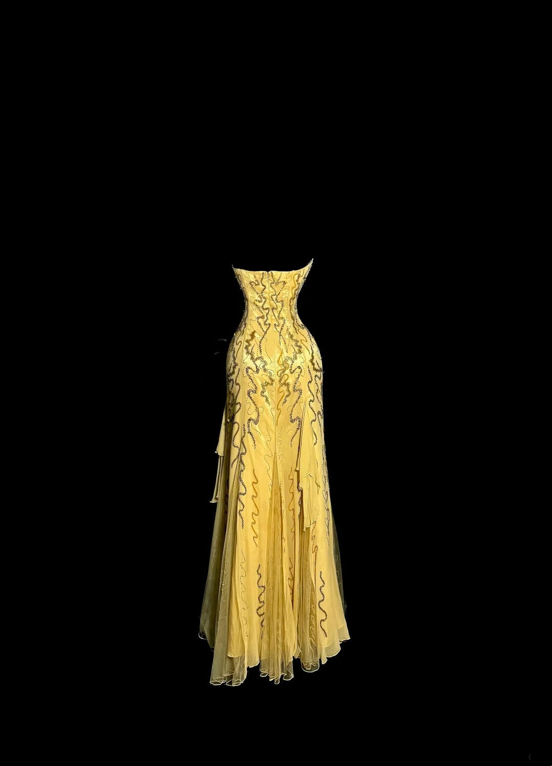 Bescheidene Ballkleider Meerjungfrau Trägerlos Gold Chiffon Mit Perlenbesatz Langes Formelles Abendkleid N3863