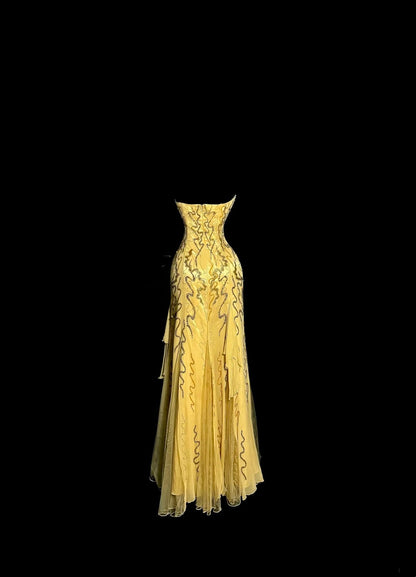 Bescheidene Ballkleider Meerjungfrau Trägerlos Gold Chiffon Mit Perlenbesatz Langes Formelles Abendkleid N3863