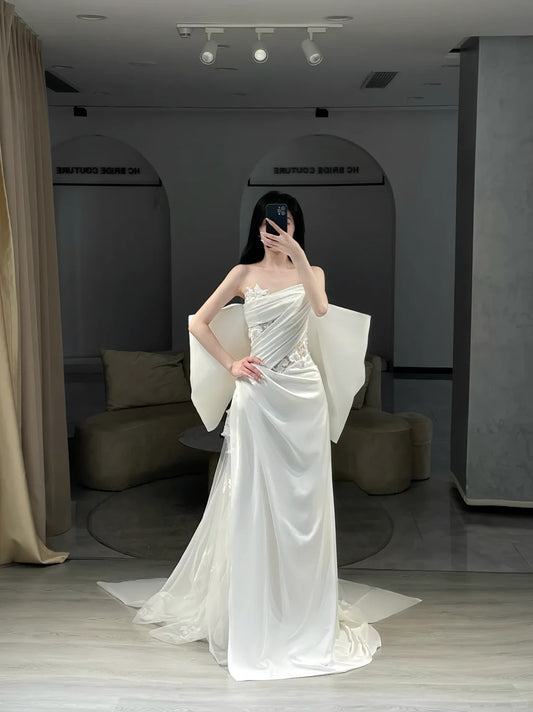 Robes de mariée simples sirène bustier en satin blanc longues avec nœud, robe de mariée N3080