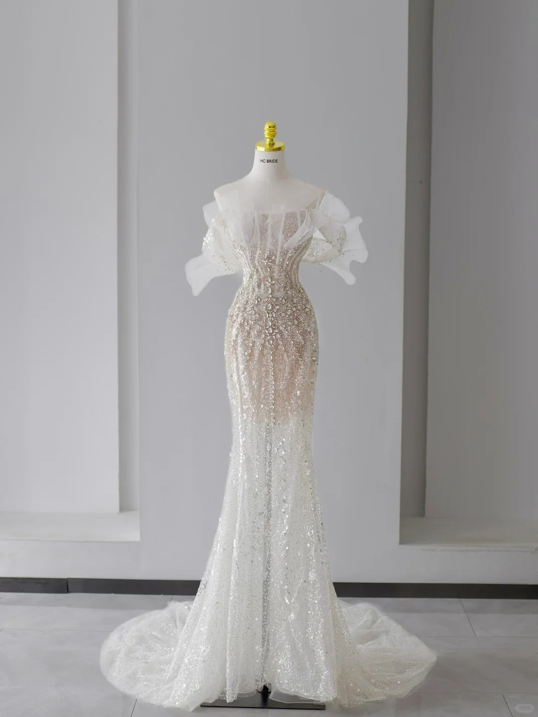 Princess Wedding Dresses Mermaid Off The Shoulder White Sequined With Short Sleeves Bridal Gown N3089