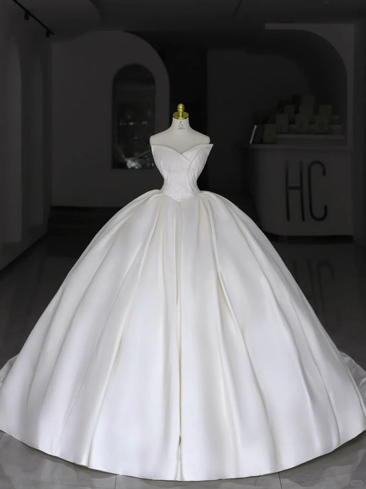 Robes de mariée intemporelles, bustier en satin blanc avec longue jupe plissée, robe de mariée N2986