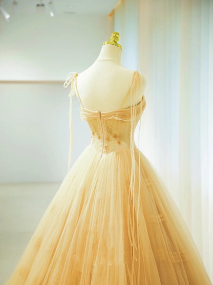 Belles robes de bal pour le bal Robe de bal à fines bretelles en tulle jaune avec perles, longue robe de soirée N2932