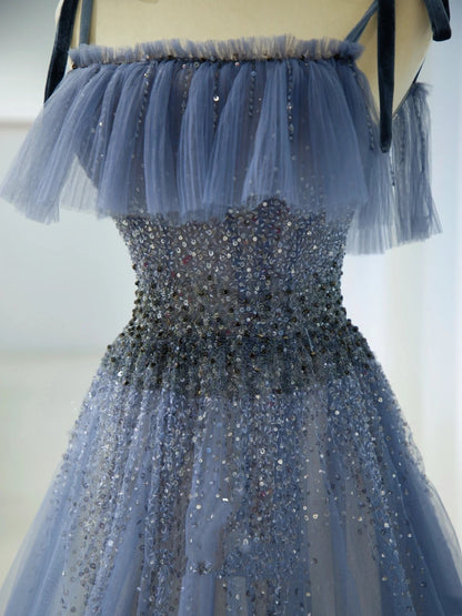 Robe de Soirée Longue de Bal de Promo en A Douce Bleue Grise avec Perles et Bretelles Fines N2856