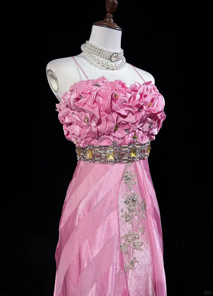 Robes de bal vintage, sirène rose à fines bretelles avec dentelle dorée, longues tenues de soirée formelles N3862