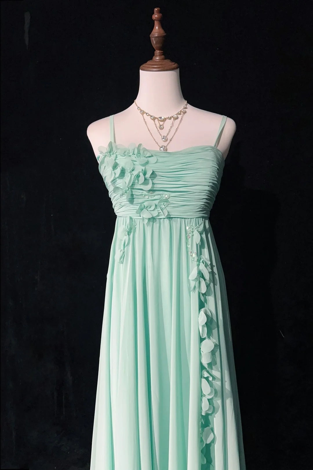 Vintage Prom-Kleider A-Linie Spaghettiträger Mintgrün Chiffon Ärmellos 1980er Lange Formelle Abendrobe N2630