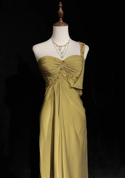 Vintage Abiballkleider A-Linie One Shoulder Gold Chiffon 1990er Lange formale Abendrobe N2664