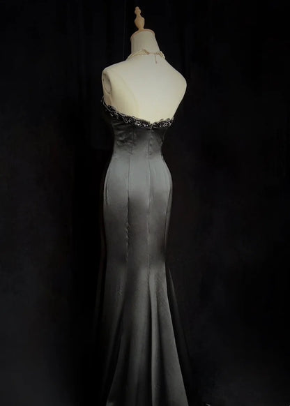 Vintage Prom Dresses Mermaid Sweetheart Black Satin With Beading Long Formal Dress N2507