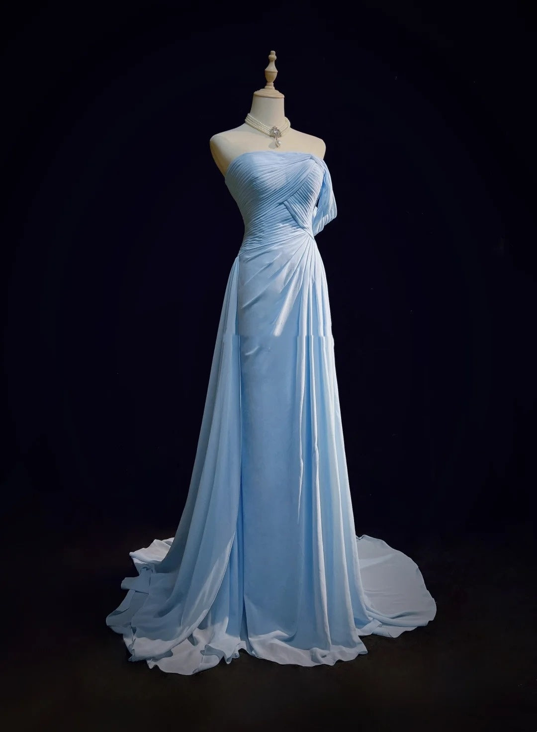 Vintage Meerjungfrau-Abschlussballkleider Schulterfrei Hellblau 70er Jahre mit Rüschen Chiffon Langes festliches Partykleid N2517