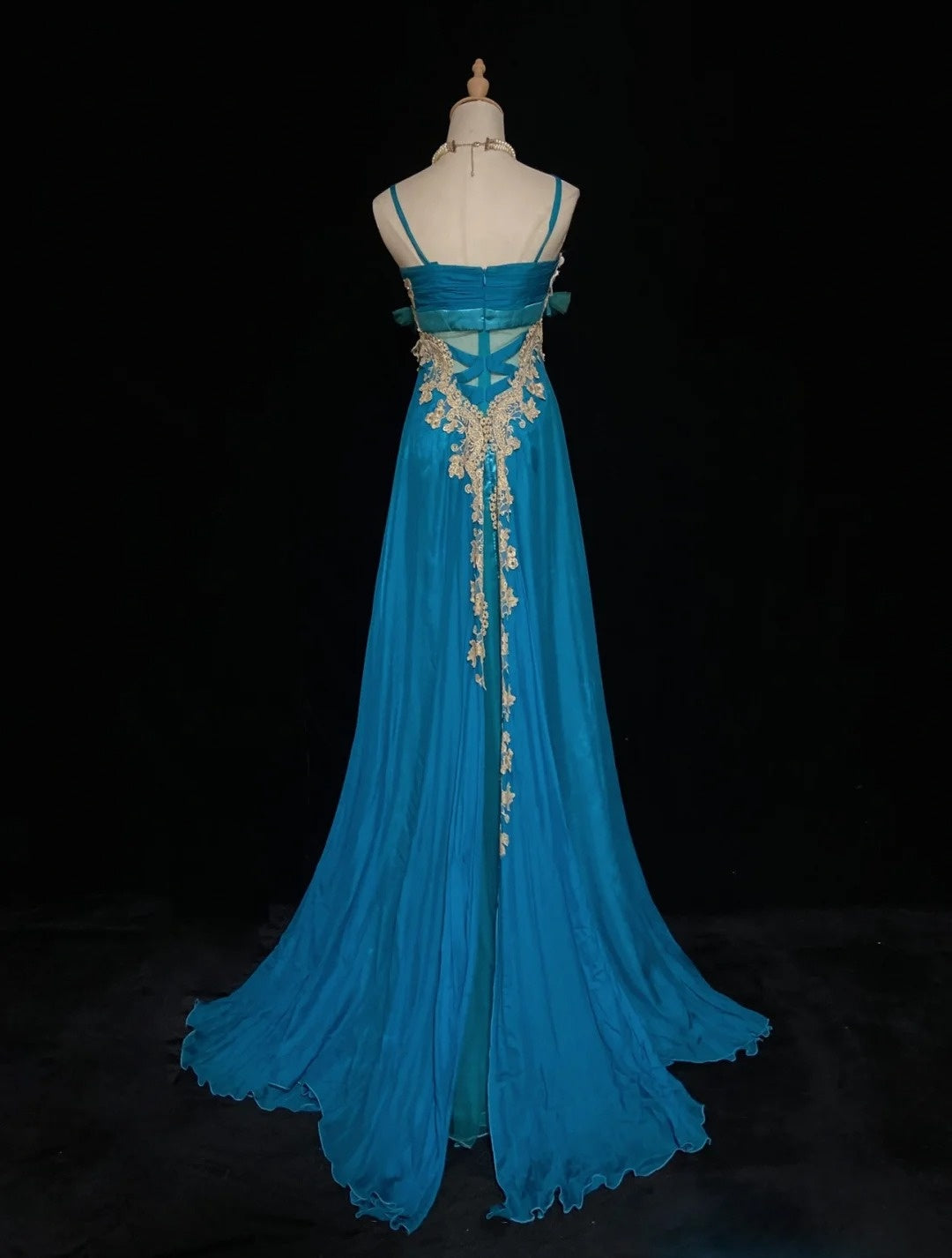 Robes de bal vintage à bretelles spaghetti en mousseline bleue avec dentelle dorée, longues robes de soirée formelles N3864