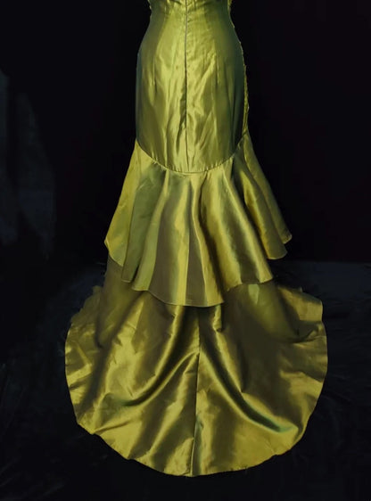 Elegante Vintage-Abschlussballkleider Meerjungfrau Spaghettiträger Olivgrüner Satin mit Spitze Perlen Abend-Maxikleid N3294