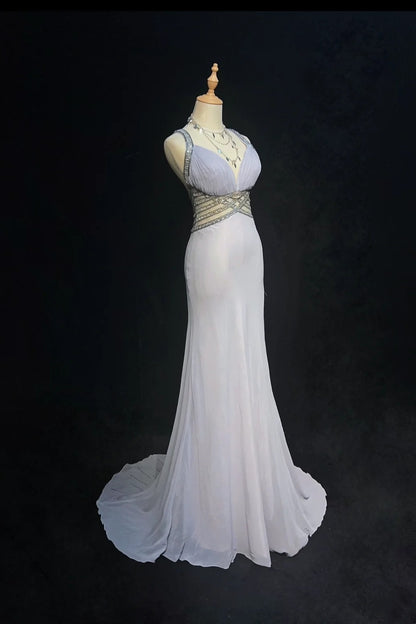 Robes de bal vintage sirène bustier en cœur mousseline grise avec perles robe de soirée longue années 1970 N2614